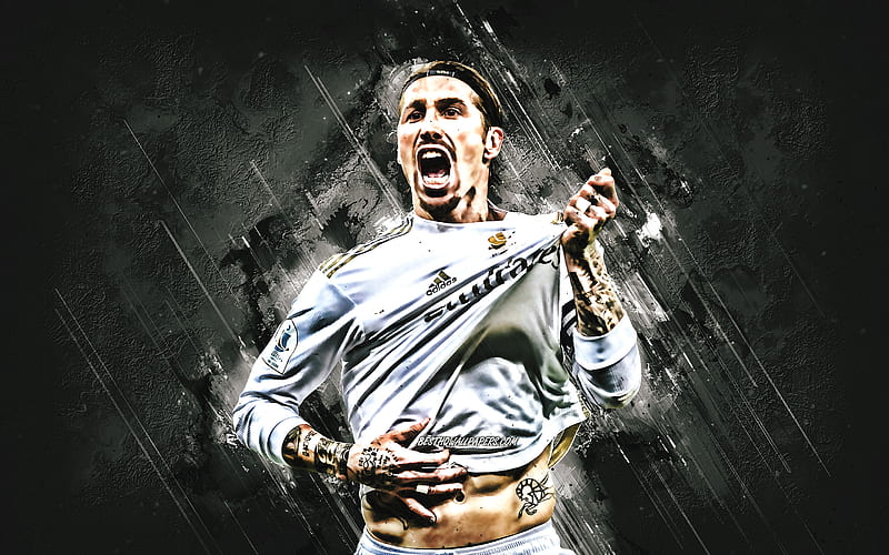 Sergio Ramos, spanish soccer player, Real Madrid, captain, football, gray stone background, La Liga, Spain, Champions League, HD wallpaper