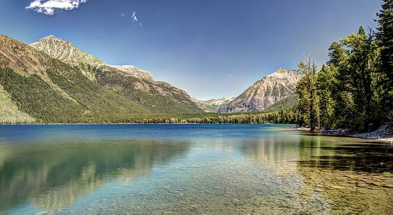 Lake McDonald, Glacier National Park, Mountains, water, reflection, trees, HD wallpaper