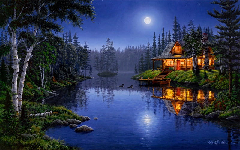 House close the river at night, house, ducks, close, trees, moon, plants, river, blue sky, reflecting, night, HD wallpaper
