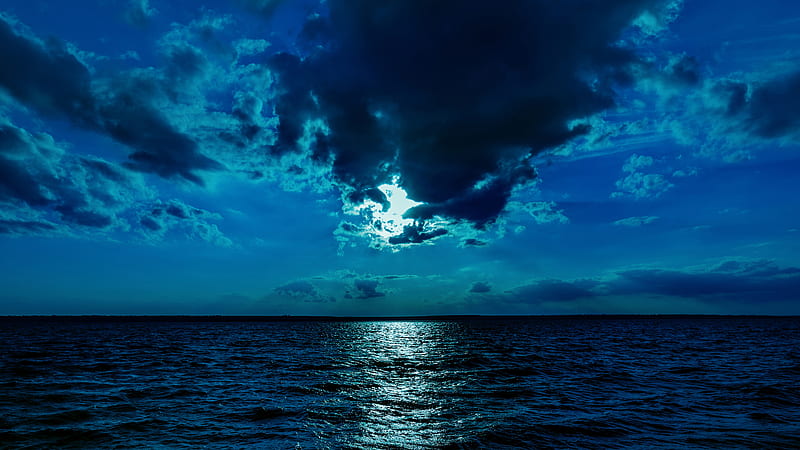 Night Moon Sea Sky Blue , moon, night, nature, sea, clouds, blue, HD wallpaper