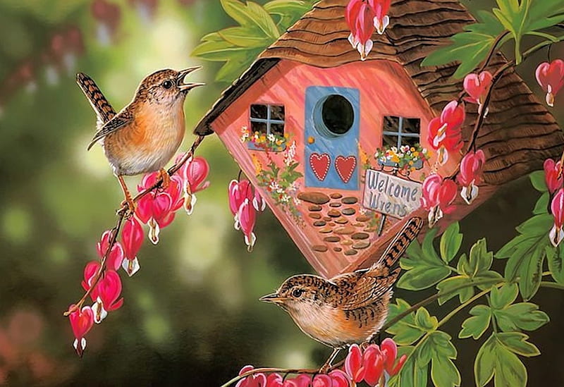 A Wrens Home, wren, bird, nest, painting, home, flowers, HD wallpaper