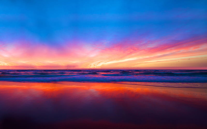 Ocean Beach Sunset Skyline Landscape, HD wallpaper