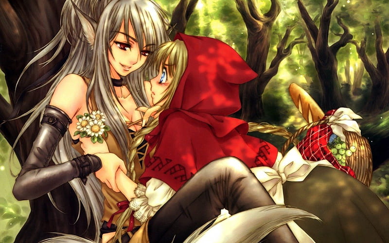 Bad Wolf and Red Riding, forest, fantasy, fairy tale, girls, orginal, HD wallpaper