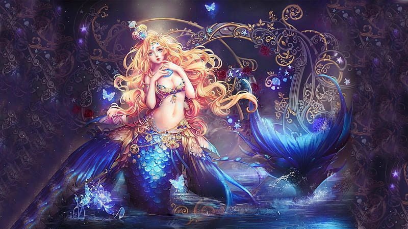 Lovely Mermaid, pretty, art, female, mermaid, blonde, bonito, woman, fantasy, girl, digital, long hair, blue, HD wallpaper
