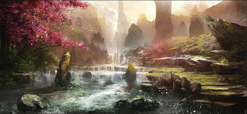 Fantasy, Landscape, Blossom, Flower, Spring, Waterfall, HD wallpaper