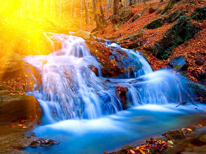 Sun glow behind the waterfall, stream, fall, rocks, glow, sun, falling ...