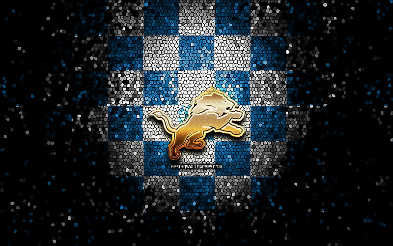 Detroit Lions, glitter logo, NFL, blue white checkered background, USA, american football team, Detroit Lions logo, mosaic art, american football, America, HD wallpaper
