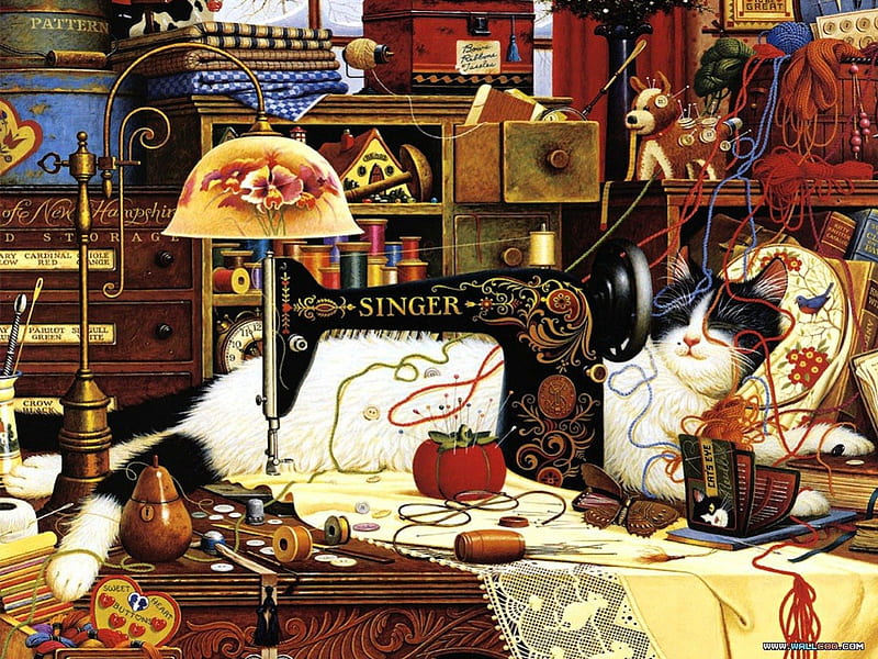 Singer, sewing, lamp, la maquina, cat, sewing machine, HD wallpaper