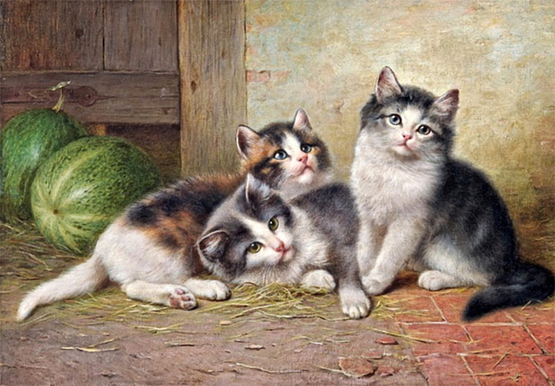 Young Cats, painting, cats, kitten, animals, HD wallpaper