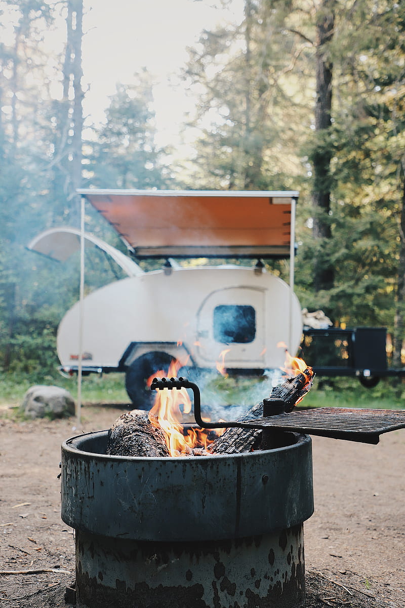 brazier, fire, van, forest, trees, nature, camping, HD phone wallpaper