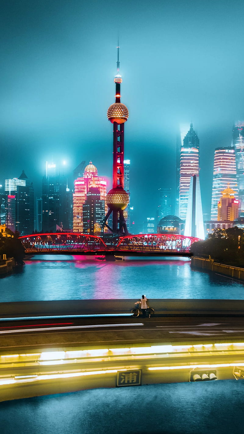 China, blue, city, lights, night, river, tower, water, HD phone wallpaper