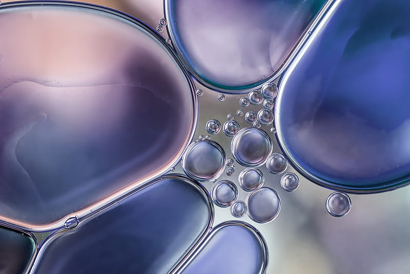 Water bubbles in oil, water, oil, texture, bubbles, drops, blue, HD wallpaper