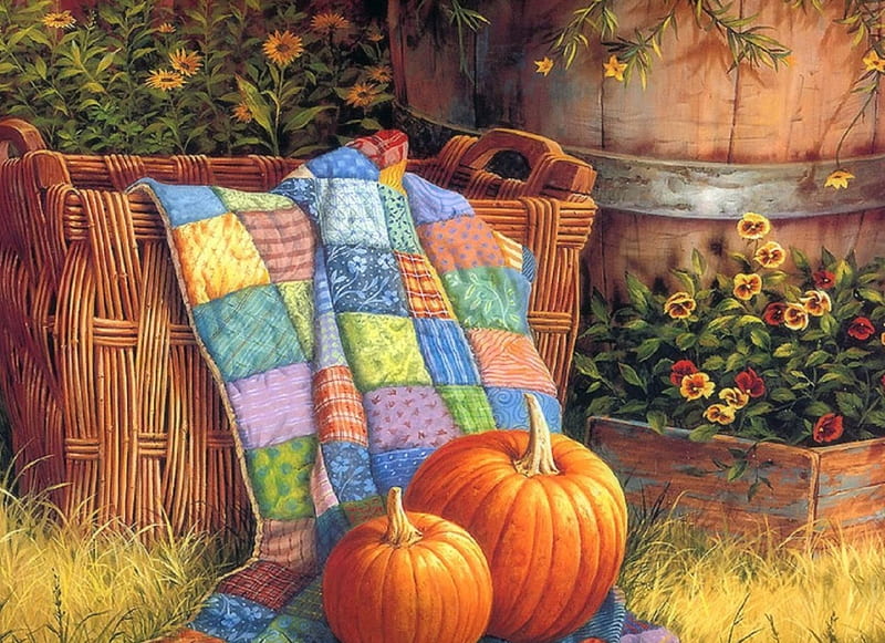 Pumpkins & Patches, lovely still life, fall, draw and paint, autumn, love four seasons, blankets, buckets, paintings, flowers, garden, pumpkins, HD wallpaper