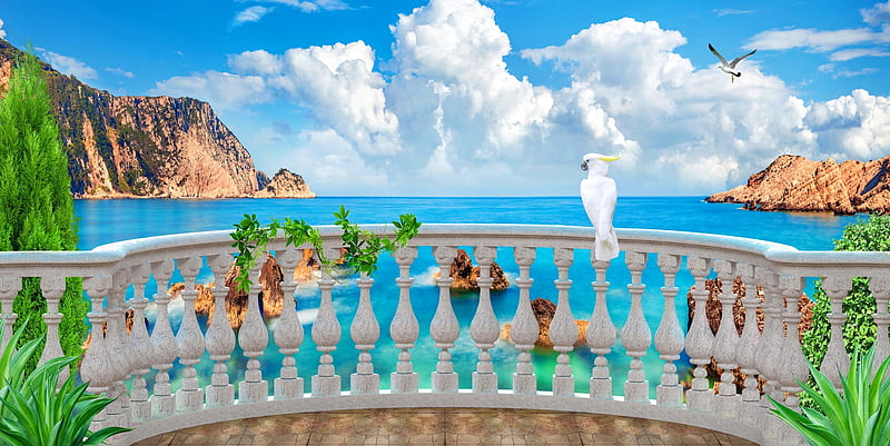 Balcony with parrot, rocks, paradise, view, balcony, summer, parrot, sky, sea, clouds, HD wallpaper