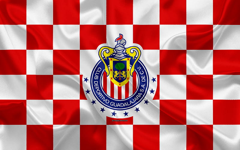 CD Guadalajara logo, creative art, white red checkered flag, Mexican Football club, Primera Division, Liga MX, emblem, silk texture, Guadalajara, Mexico, football, Guadalajara Chivas FC, HD wallpaper