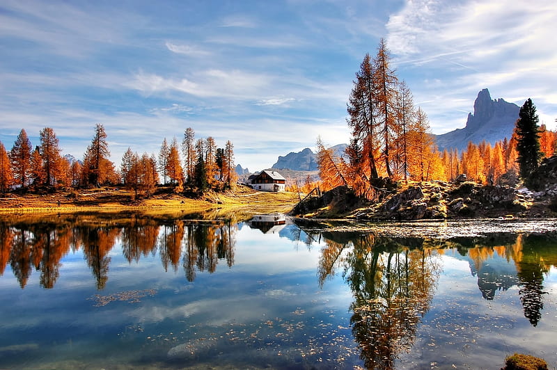 Dolomites Mountains,Italy, autumn, mountains, dolomites, nature, trees, clouds, lake, italy, HD wallpaper