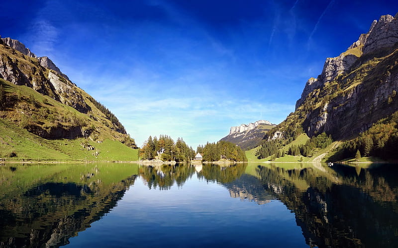 Seealpsee Lake in Switzerland in Late Summer, Summer, Lakes, Switzerland, Reflections, Nature, HD wallpaper