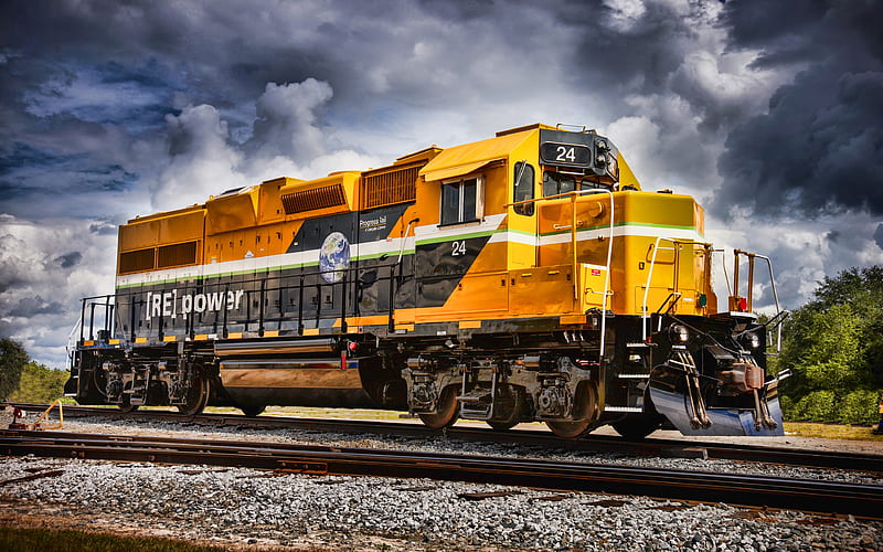 EMD24B Repower-T4 locomotive, Progress Rail, yellow train, R, railway, Cat 3512C , EMD24B, trains, HD wallpaper