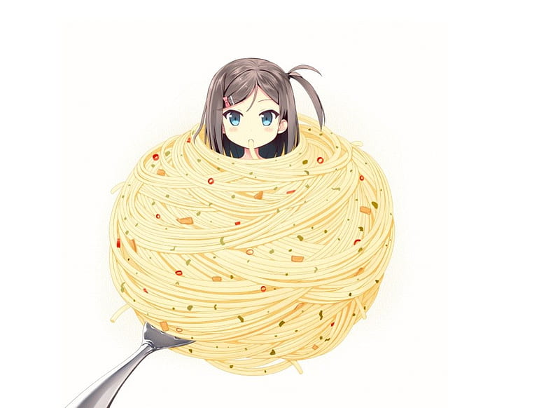 Spaghetti, hungry, adorable, eat, anime, anime girl, delicious, female, food, brown hair, chibi, plain, short hair, cute, kawaii, girl, simple, eating, HD wallpaper