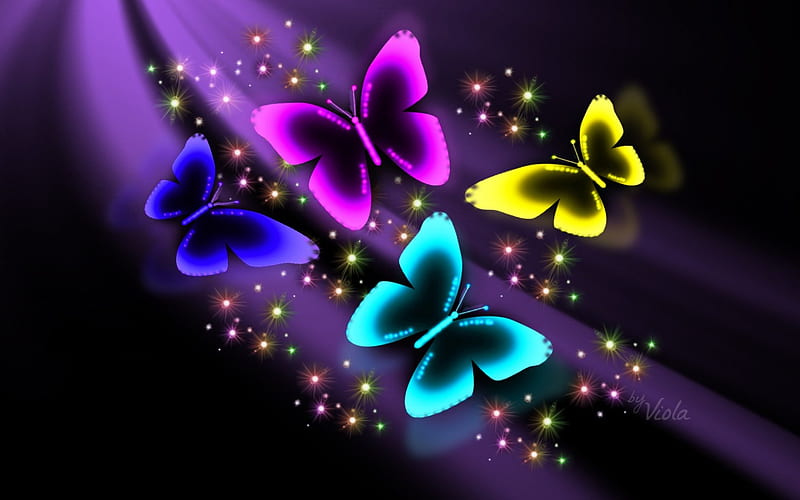 Neon Butterflies, stars, Viola Tricolor, art, shine, desenho, creation, butterflies, neon, pink black, light, HD wallpaper
