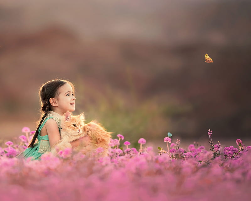 Little girl with cat and butterfly, little, cat, animal, girl, summer, flower, copil, child, pink, field, pisica, HD wallpaper