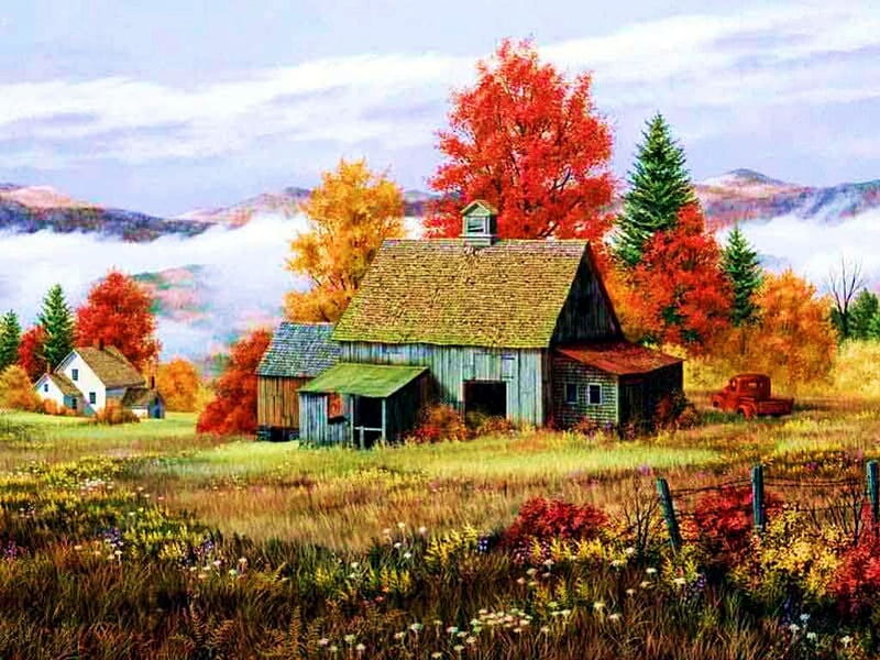 Country Home at Autumn, painting, colors, leaves, trees, HD wallpaper ...