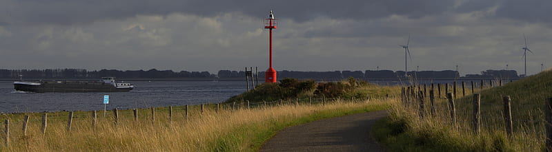 Red beacon at the Oosterschelde, Bruinisse... Ultra, Europe, Netherlands, Water, Holland, Roadscape, Overcast, windturbines, oosterschelde, HD wallpaper