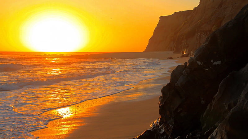 maximum sunset, beach, rocks, cliffs, sunset, sea, HD wallpaper