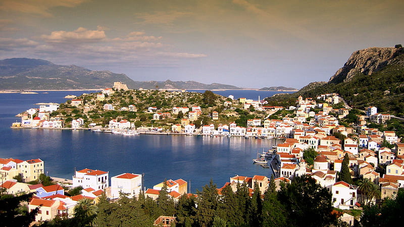 Castellorizo island, Greece, holidays, bonito, sky, sea, boats, water, Greece, summer, Castellorizo, island, landscape, blue, HD wallpaper