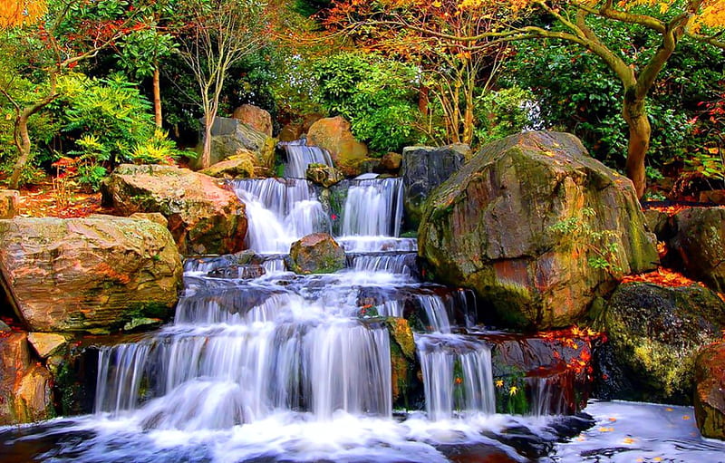 Autumn cascades, rocks, fall, autumn, bonito, park, trees, lvoely, foliage, stones, cascades, water, waterfall, garden, nature, HD wallpaper