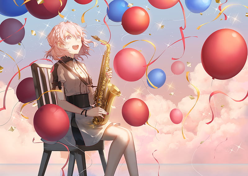 Anime, Original, Balloon, Girl, Pink Hair, Saxophone, Short Hair, HD wallpaper