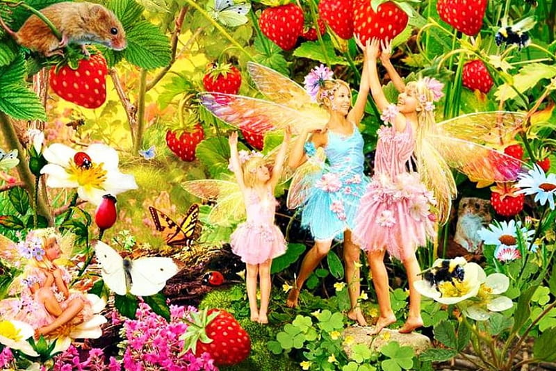 Mmmh...Strawberries, mouse, fruits, plants, flowers, fairies, blossoms, artwork, HD wallpaper