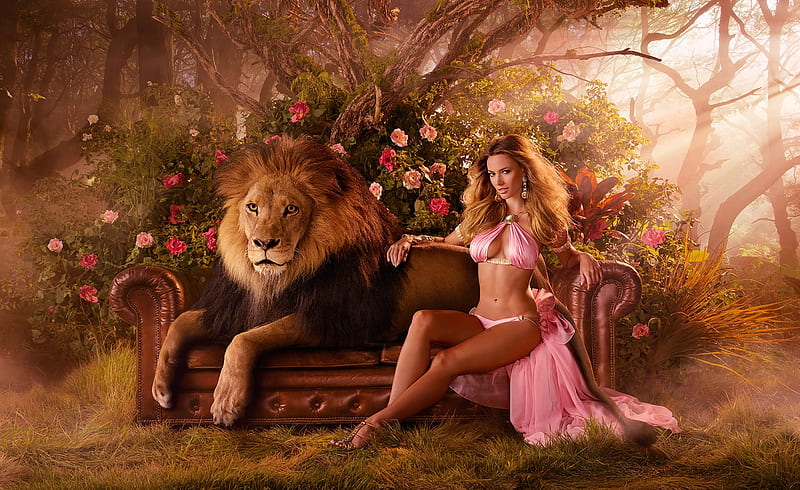 Leo, girl, digital, pink dress, woman, lion, art, pretty, graphy, fantasy, lady and lion, HD wallpaper
