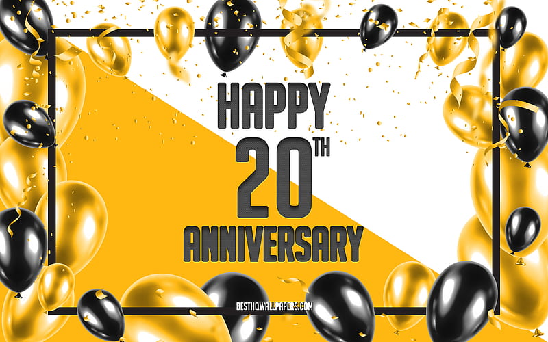 20 Years Anniversary, Anniversary Balloons Background, 20th Anniversary sign, Yellow Anniversary Background, Yellow black balloons, HD wallpaper