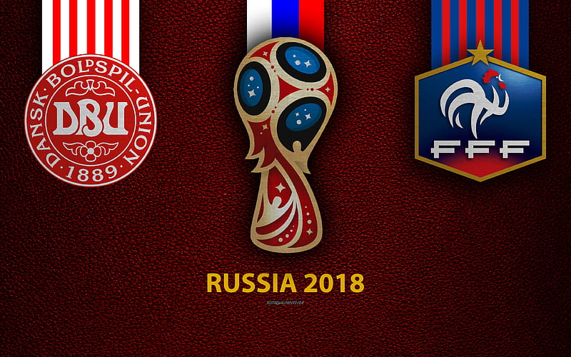 Denmark vs France Group C, football, 26 Jun 2018, logos, 2018 FIFA World Cup, Russia 2018, burgundy leather texture, Russia 2018 logo, cup, Denmark, France, national teams, football match, HD wallpaper
