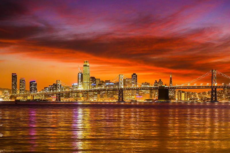 San Francisco at Sunset, water, bridge, cityscape, sunset, reflection, san francisco, HD wallpaper