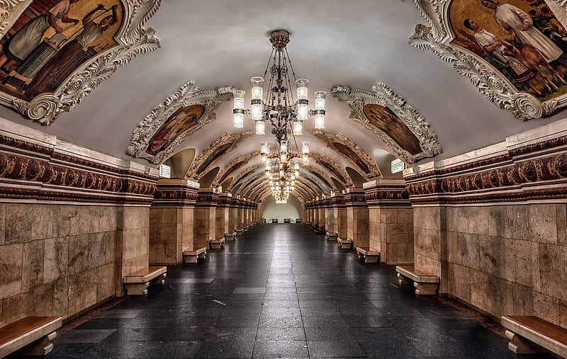 Man Made, Subway, Chandelier, Interior, Moscow, Russia, Train Station, Tunnel, Underground, HD wallpaper