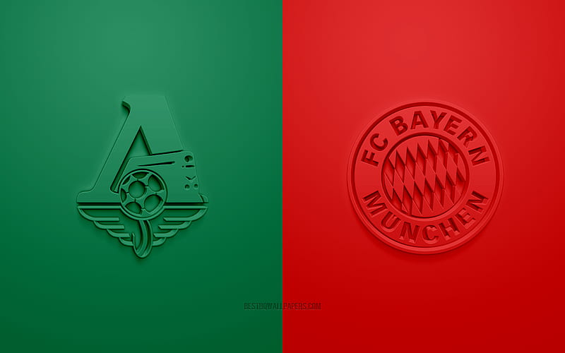 Lokomotiv Moscow vs Bayern Munich, UEFA Champions League, Group A, 3D logos, green red background, Champions League, football match, FC Lokomotiv Moscow, FC Bayern Munich, HD wallpaper