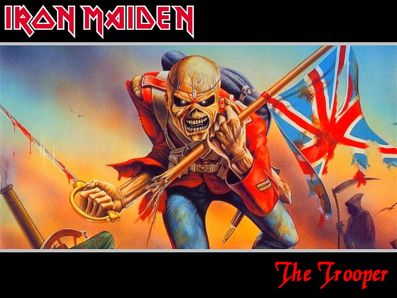 Iron Maiden - The Trooper, music, band, trooper, flag, metal, iron maiden, logo, heavy, iron, eddie, sword, maiden, HD wallpaper