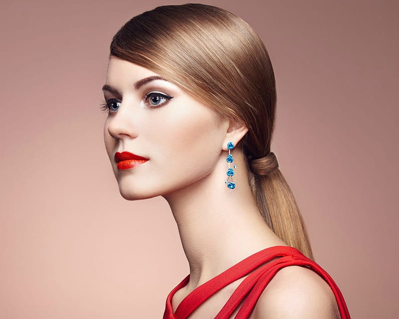 Beauty, red, model, oleg gekman, woman, earring, girl, jewel, face, blue, HD wallpaper