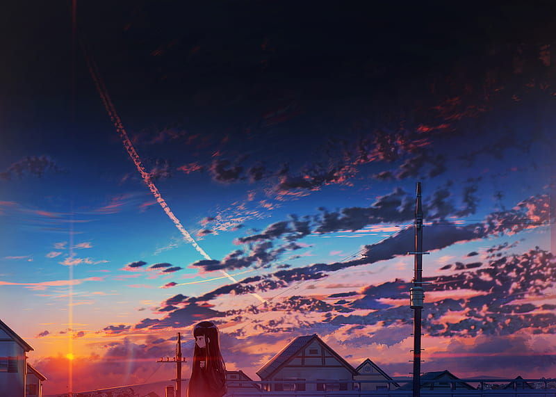 anime landscape, sunset, sky, falling star, anime girl, scenery, Anime, HD wallpaper