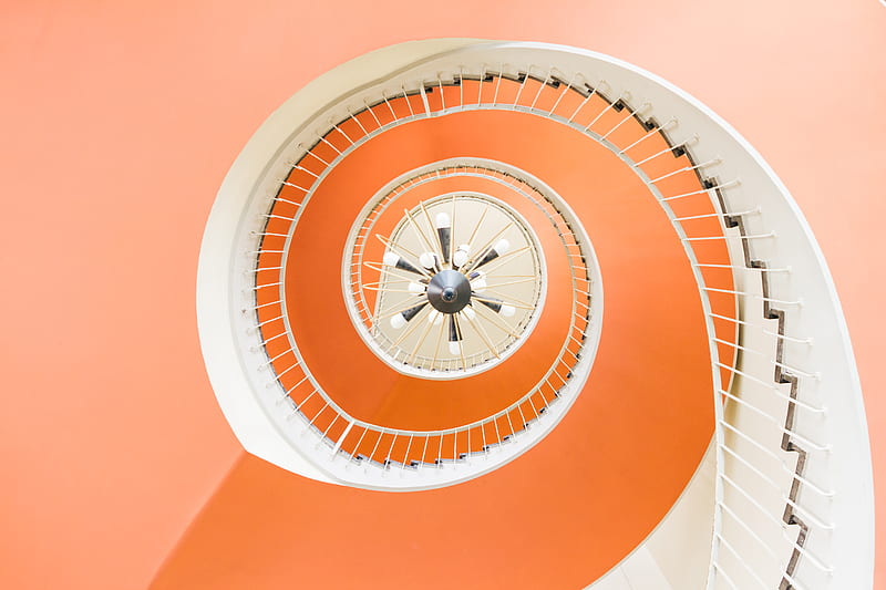staircase, spiral, architecture, bottom view, orange, HD wallpaper