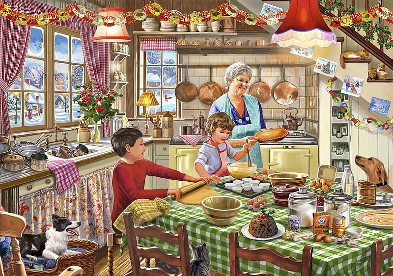 Grandma's Christmas baking, pictura, art, steve crisp, painting, children, kitchen, dog, HD wallpaper