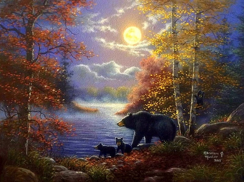 Lakeside Moonlight, moons, family, lakes, love four seasons, attractions in dreams, lakeside, paintings, nature, cubs, bears, animals, HD wallpaper