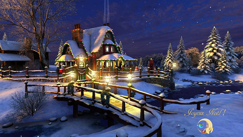 JOYEUX NOEL!, christmas, bonito, noel, tree, moon, snow, hop, white, blue, HD wallpaper