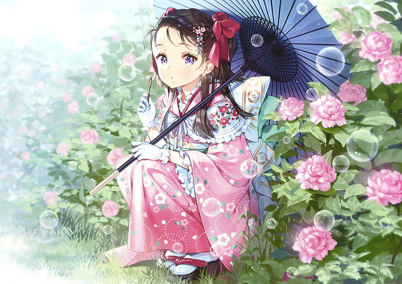 kimono, umbrella, flowers, bubbles, gloves, Anime, HD wallpaper