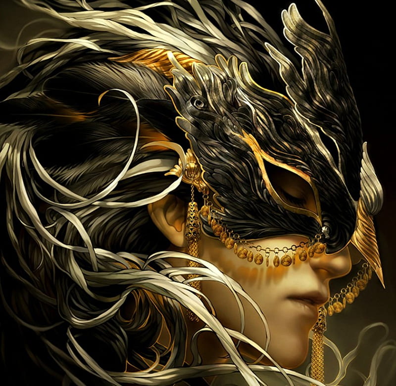 Black swan, art, fantasy, tincek-marincek, golden, face, man, mask, HD wallpaper