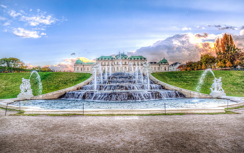 Belvedere, Vienna, fountain, evening, sunset, beautiful palace, autumn, Vienna landmark, Austria, Baroque palace, HD wallpaper