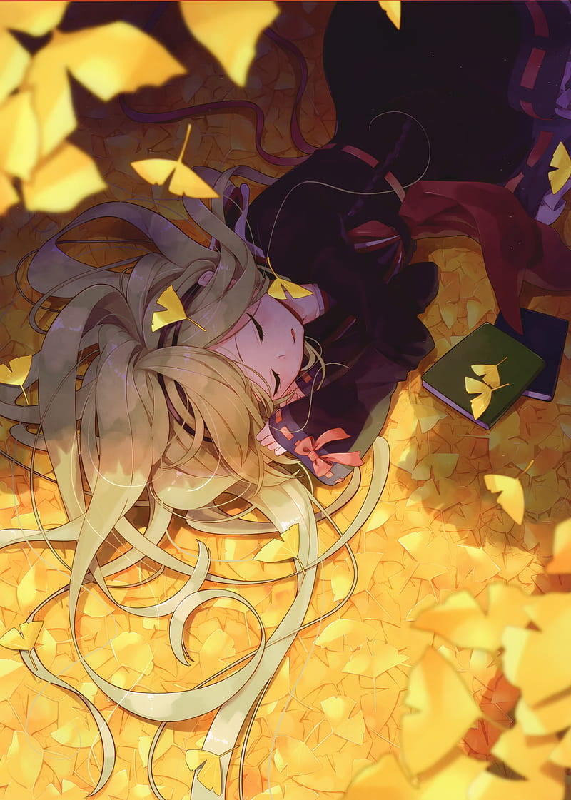anime girl, blonde, lying down, autumn, leaves, sleeping, Anime, HD phone wallpaper