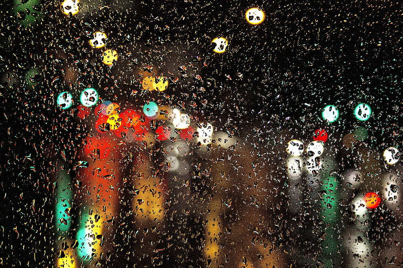 glass, drops, glare, bokeh, blur, night, HD wallpaper
